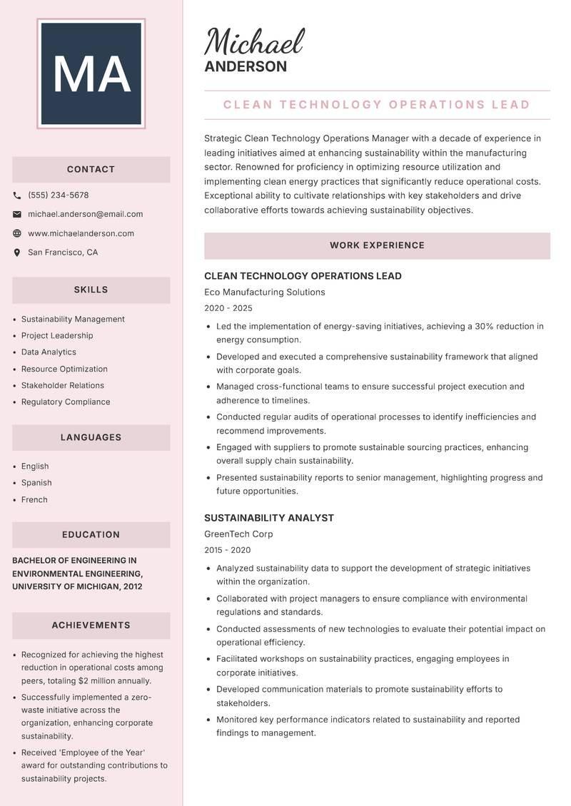 Clean Technology Operations Manager Resume Preview Example