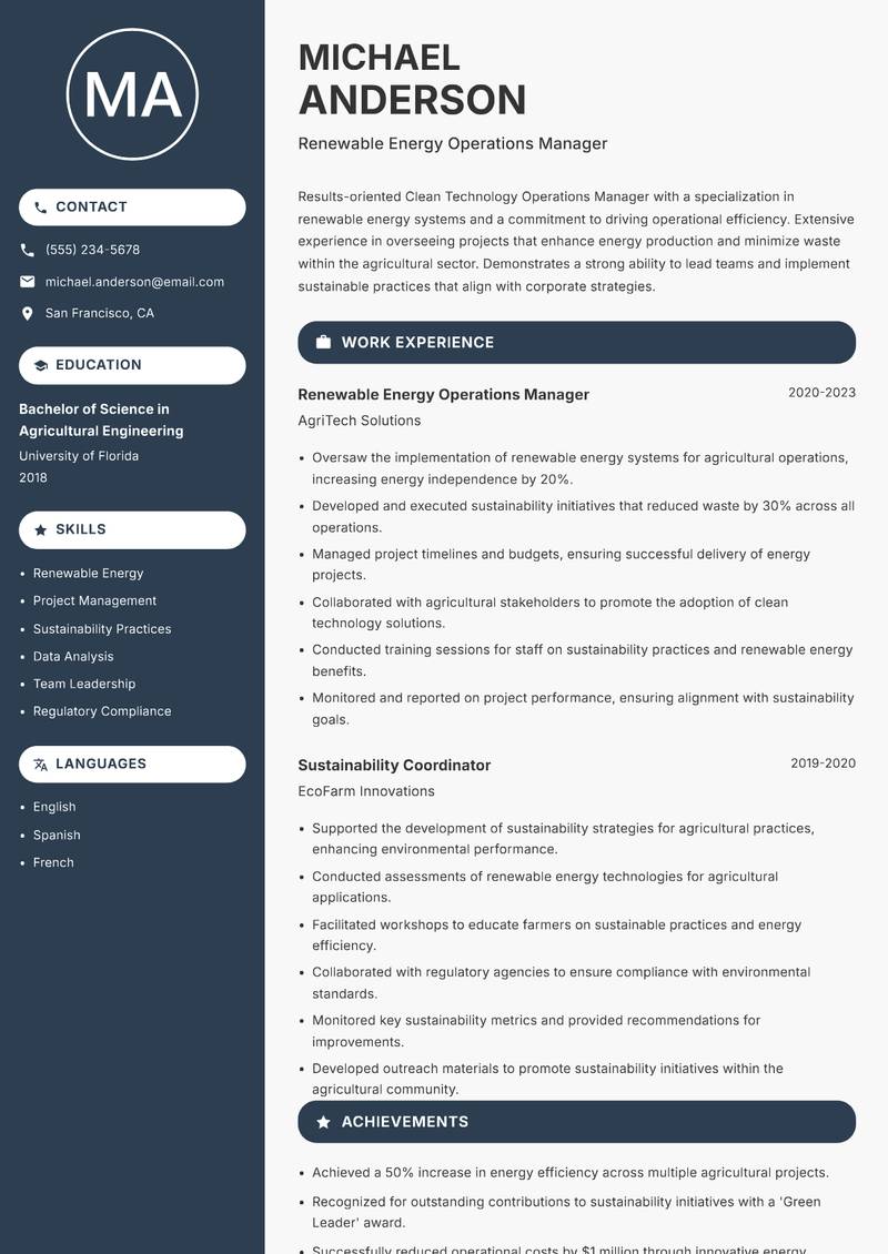 Clean Technology Operations Manager Resume Preview Example