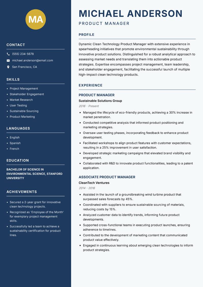 Clean Technology Product Manager Resume Preview Example
