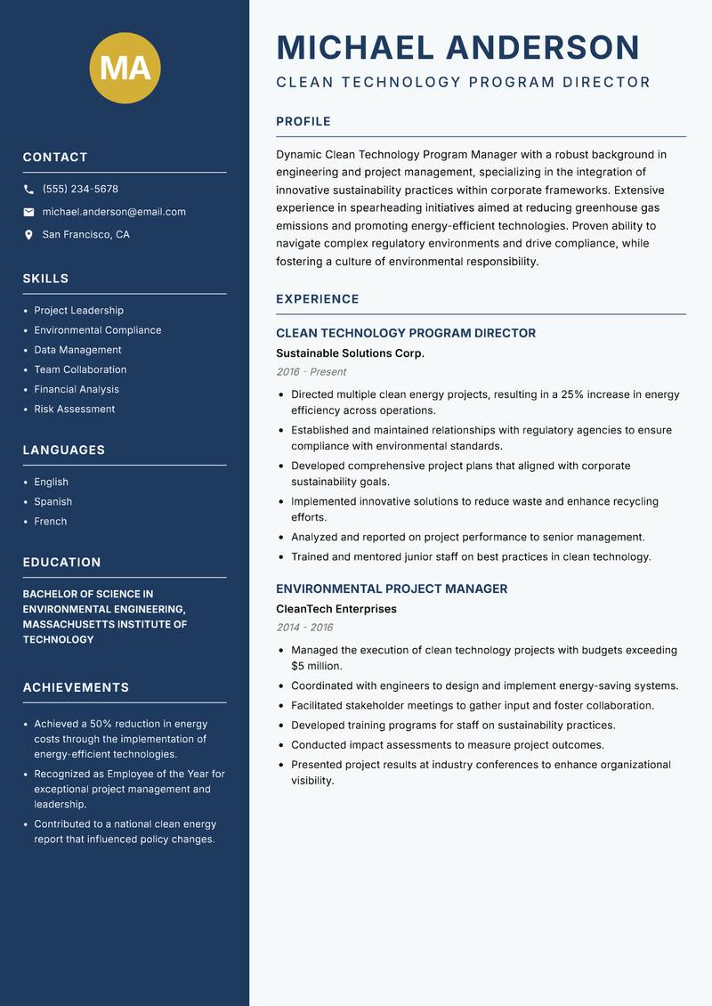 Clean Technology Program Manager Resume Preview Example