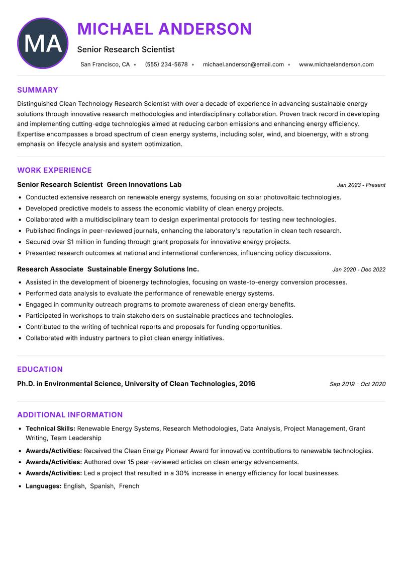 Clean Technology Research Scientist Resume Preview Example