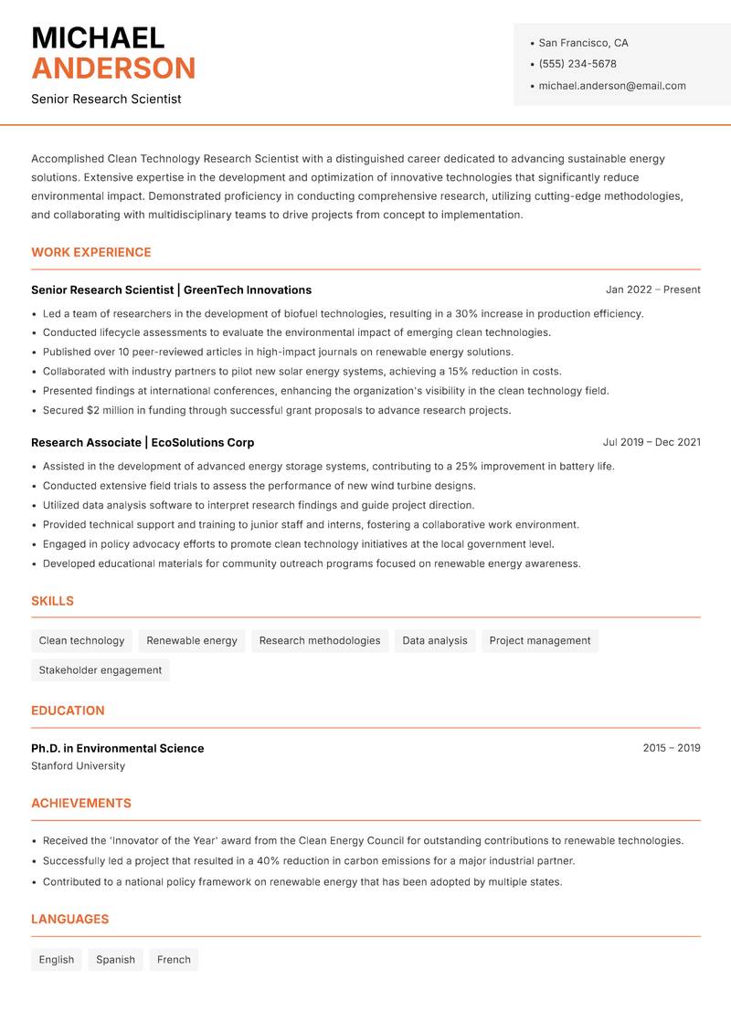 Clean Technology Research Scientist Resume Template