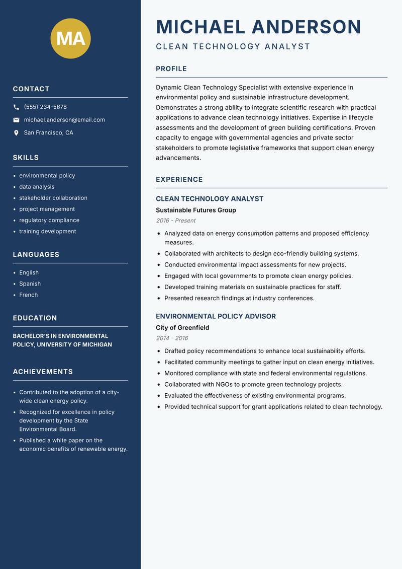 Clean Technology Specialist Resume Preview Example