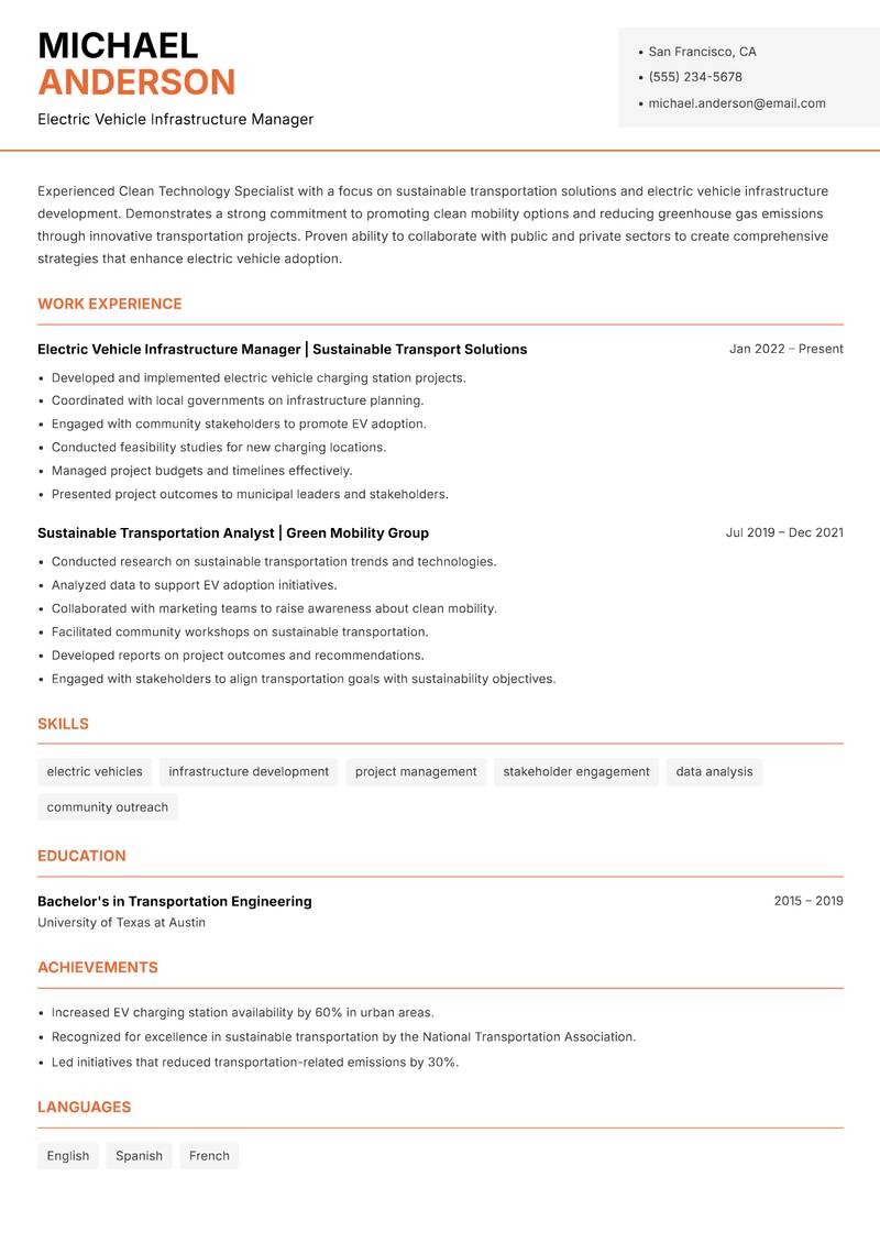 Clean Technology Specialist Resume Template