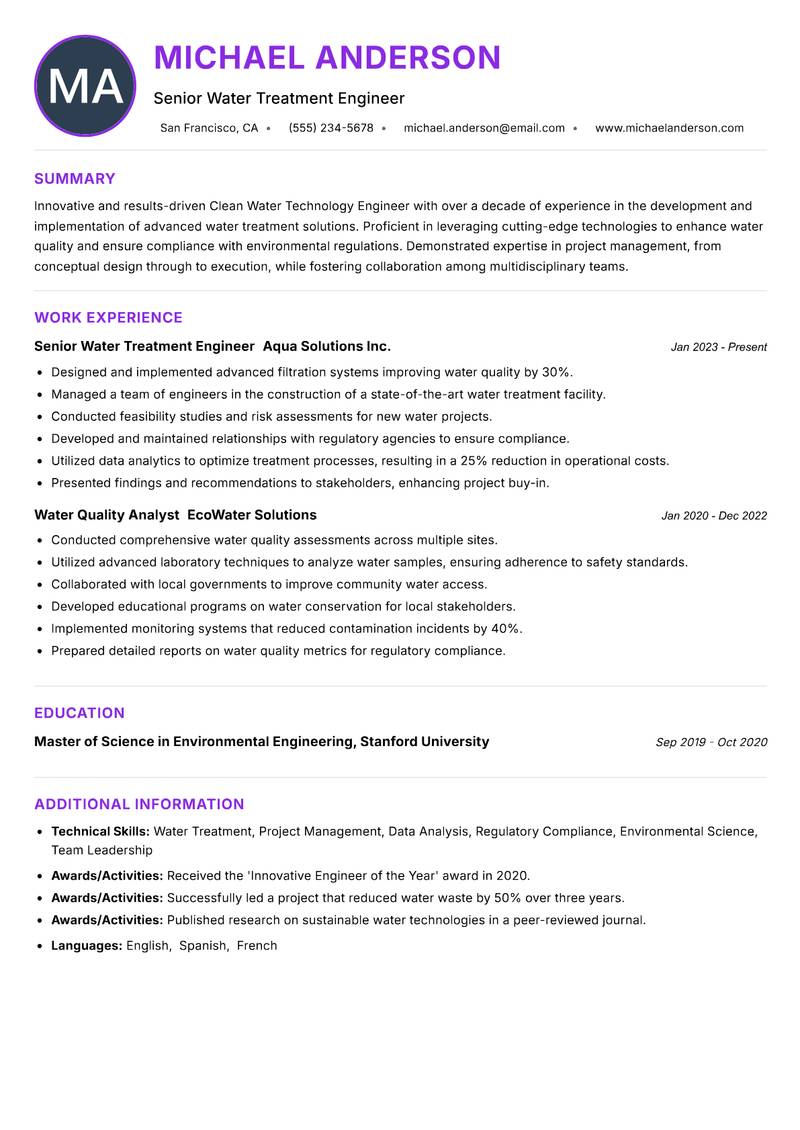 Clean Water Technology Engineer Resume Preview Example