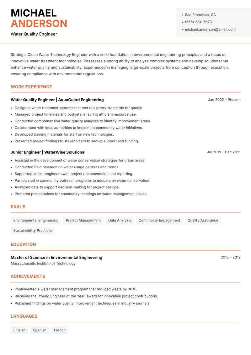 Clean Water Technology Engineer Resume Template