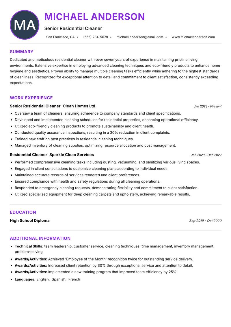 Cleaner Residential Resume Preview Example