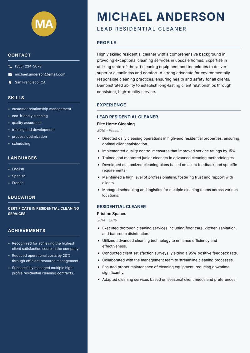 Cleaner Residential Resume Preview Example