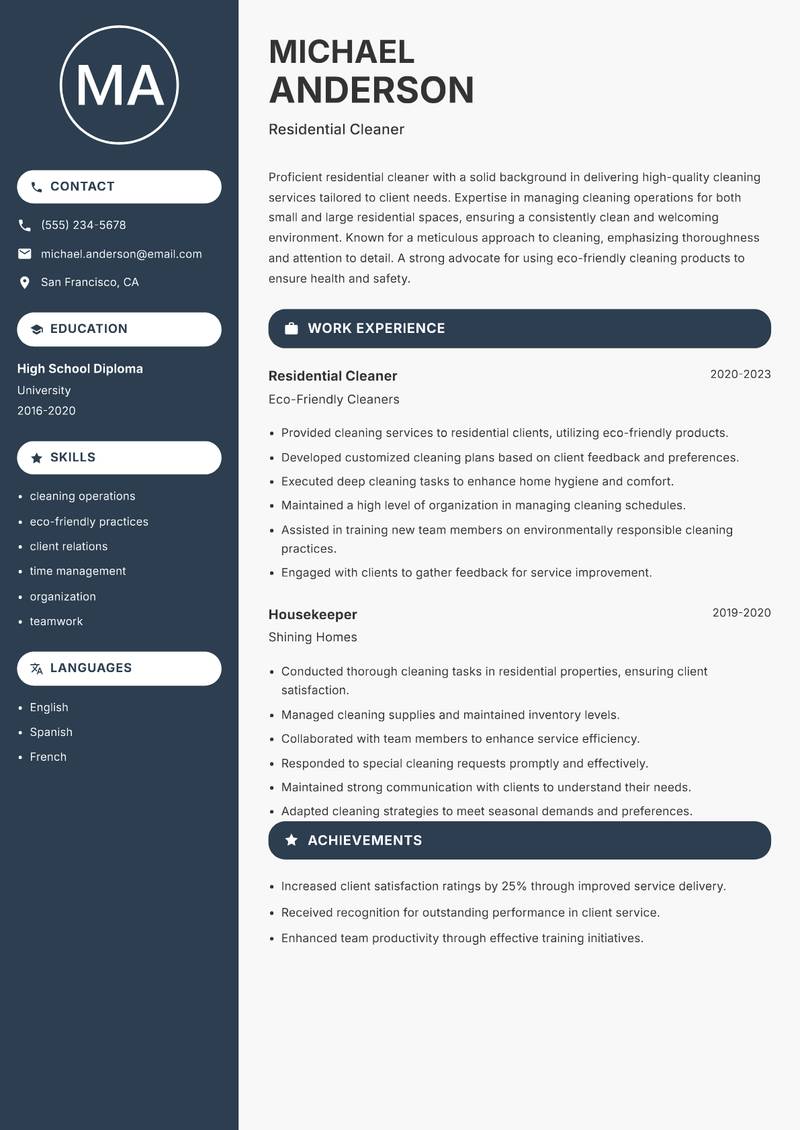Cleaner Residential Resume Preview Example