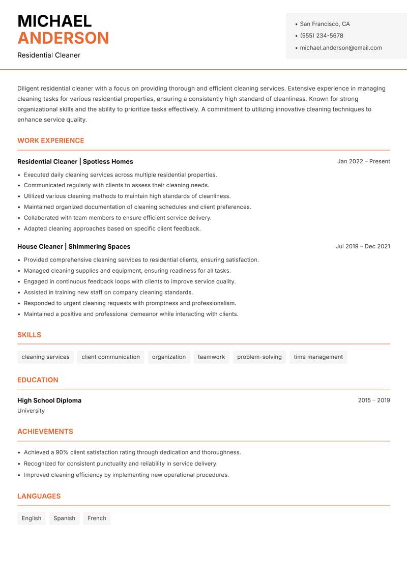 Cleaner Residential Resume Template