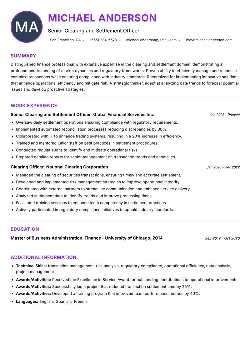 Clearing and Settlement Officer Resume Preview Example