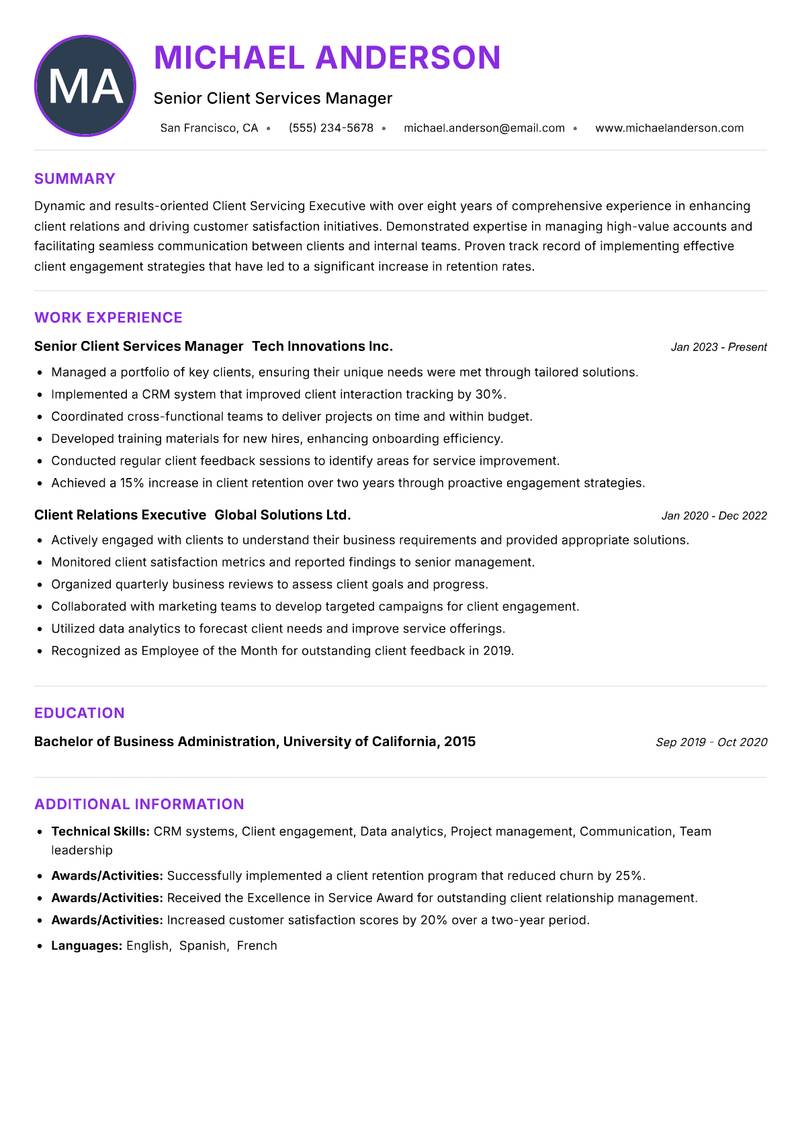 Client Servicing Executive Resume Preview Example