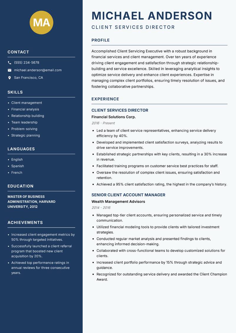 Client Servicing Executive Resume Preview Example