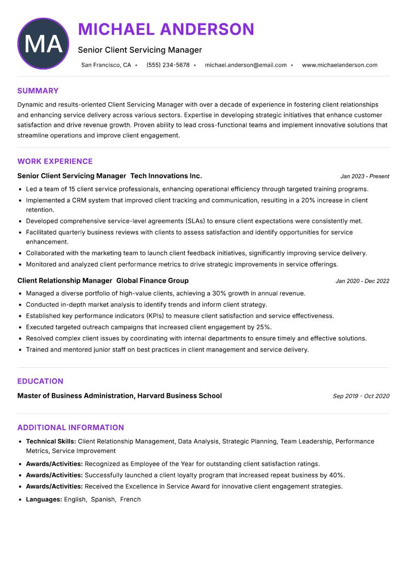 Client Servicing Manager Resume Preview Example