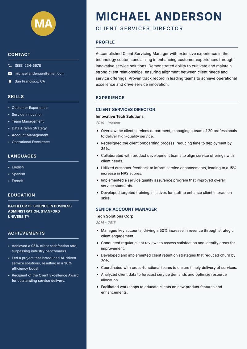 Client Servicing Manager Resume Preview Example
