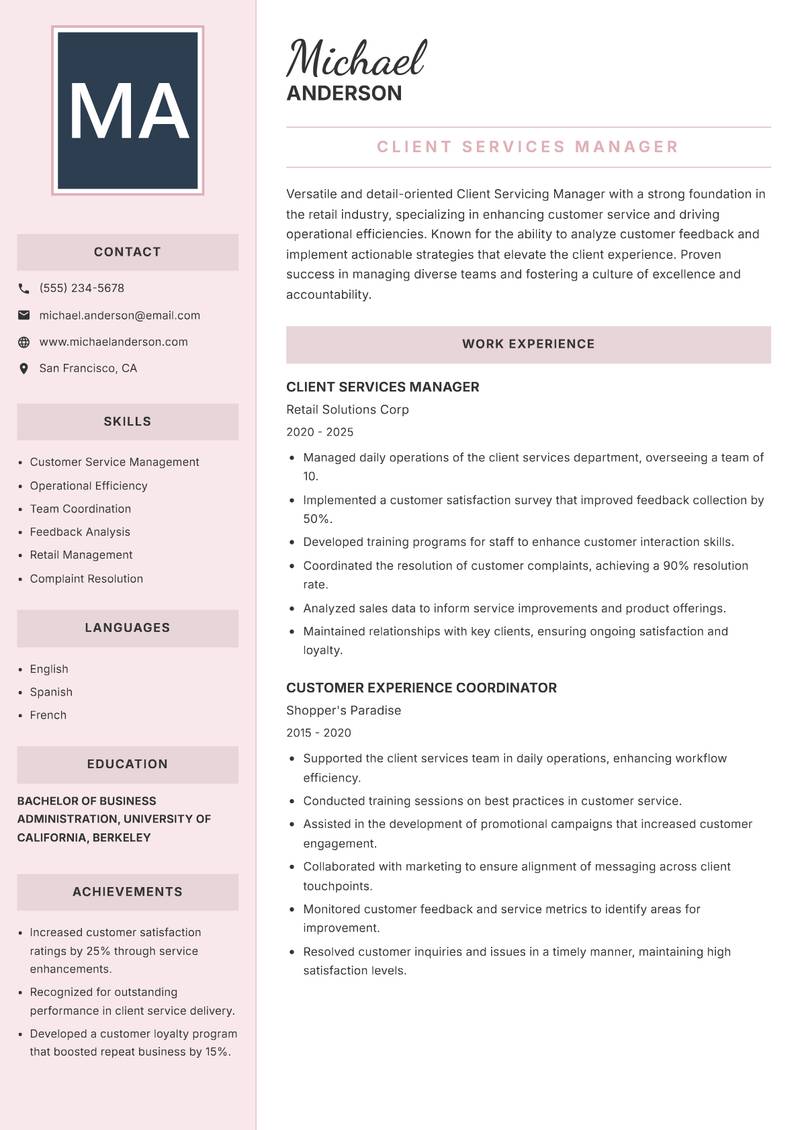Client Servicing Manager Resume Preview Example