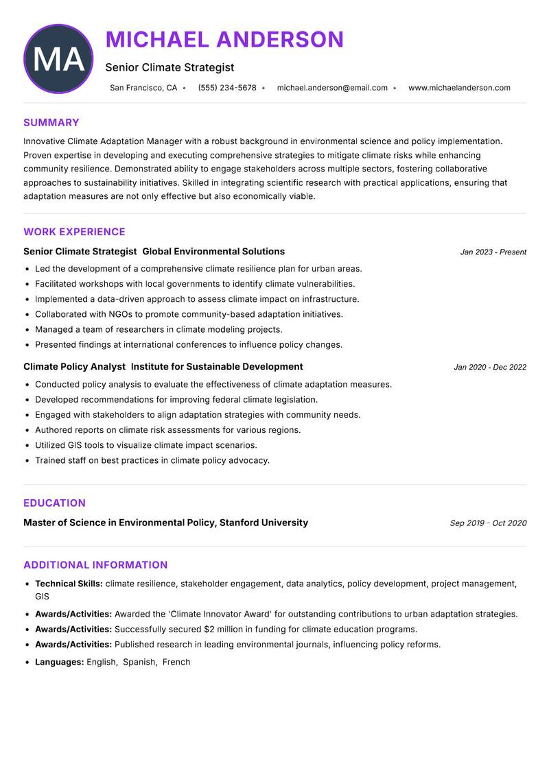 Climate Adaptation Manager Resume Preview Example