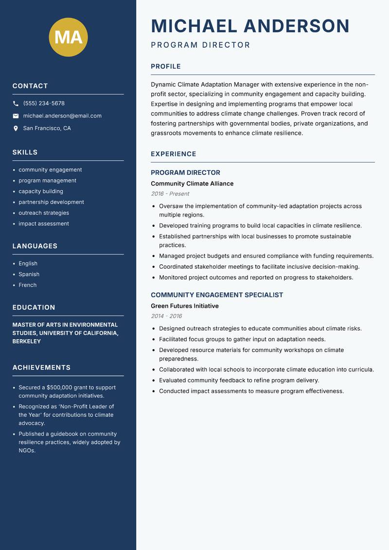 Climate Adaptation Manager Resume Preview Example