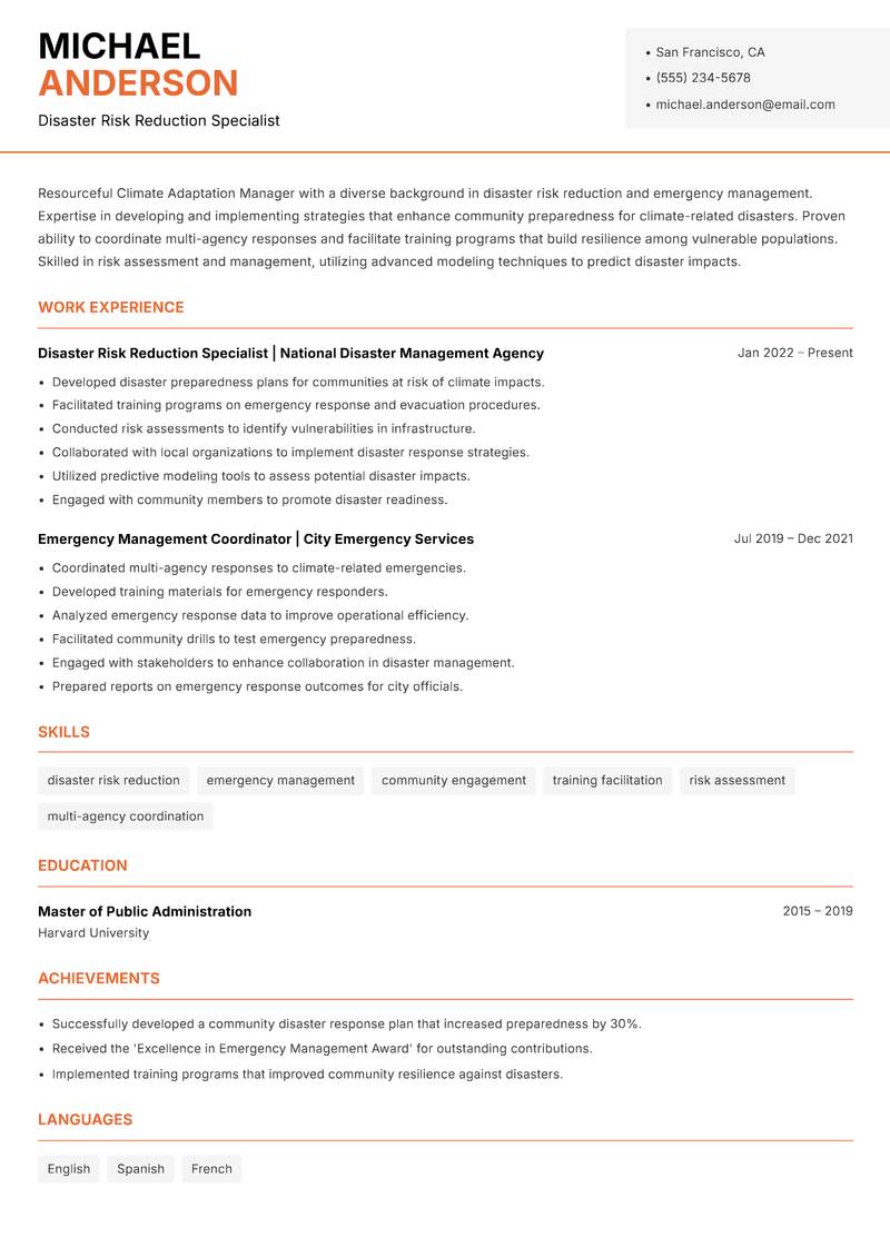 Climate Adaptation Manager Resume Template