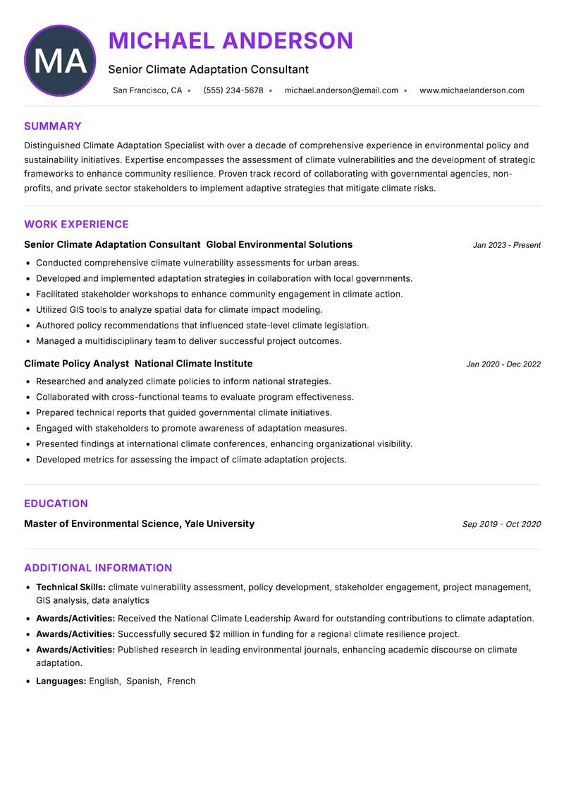 Climate Adaptation Specialist Resume Preview Example