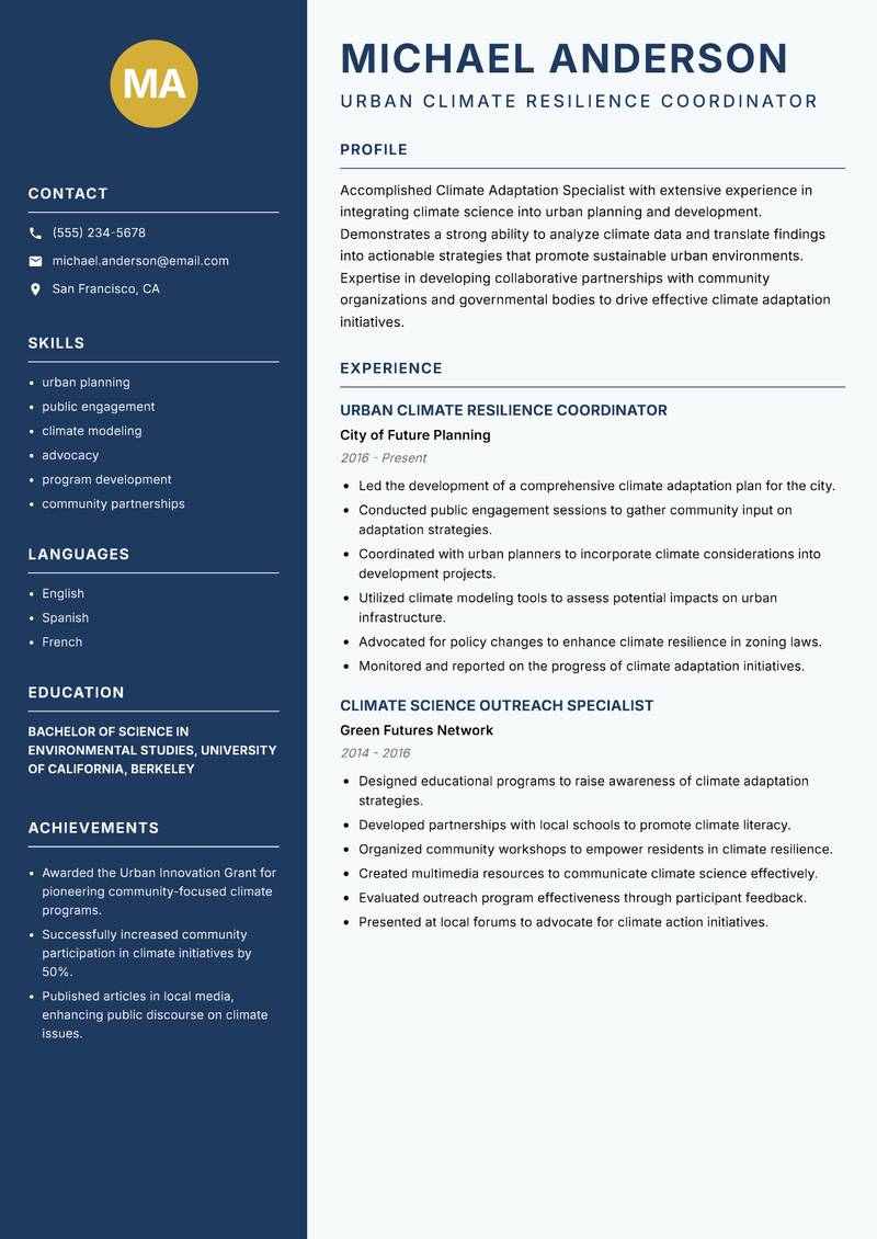 Climate Adaptation Specialist Resume Preview Example