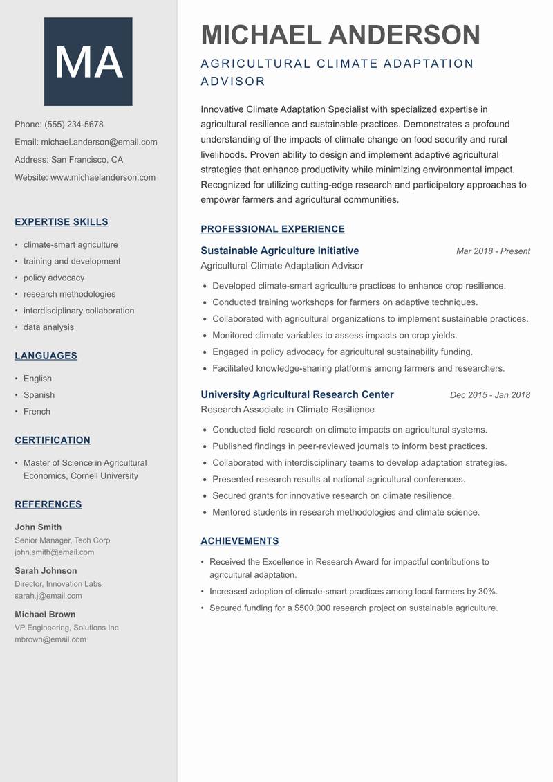 Climate Adaptation Specialist Resume Preview Example