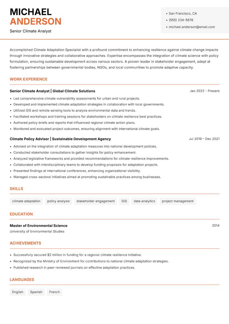 Climate Adaptation Specialist Resume Template