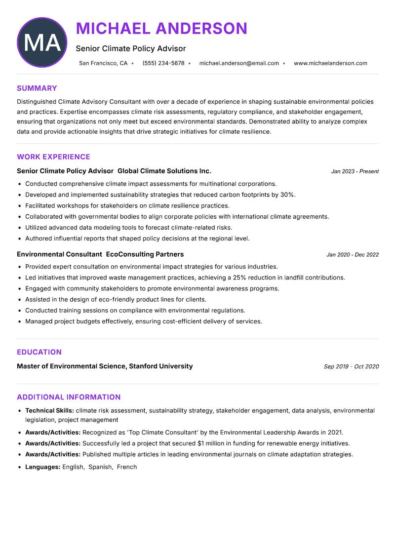 Climate Advisory Consultant Resume Preview Example