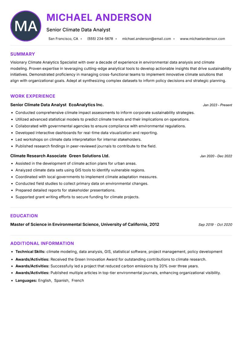 Climate Analytics Specialist Resume Preview Example