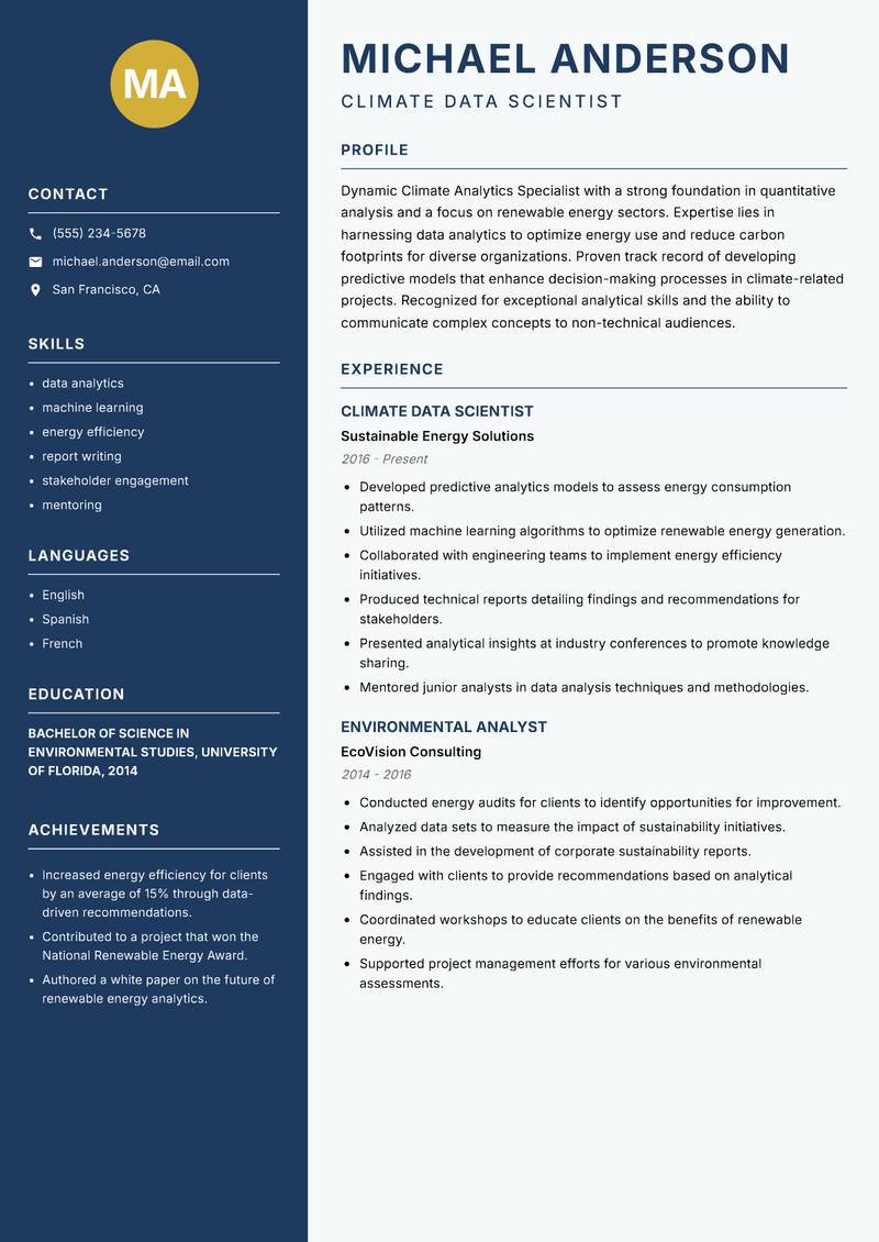 Climate Analytics Specialist Resume Preview Example