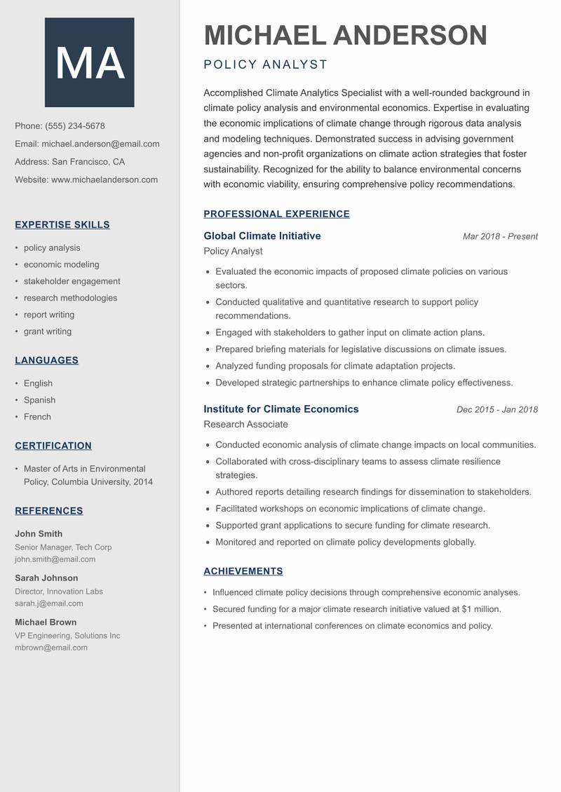 Climate Analytics Specialist Resume Preview Example