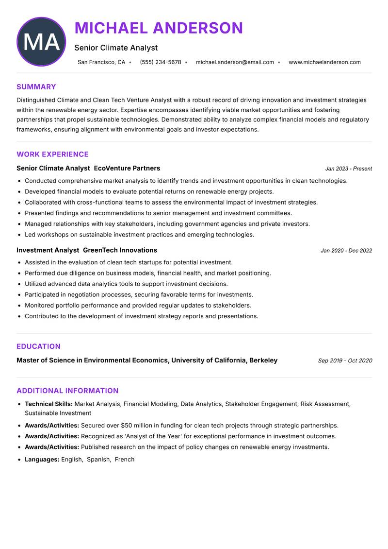Climate and Clean Tech Venture Analyst Resume Preview Example