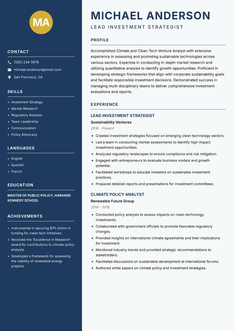 Climate and Clean Tech Venture Analyst Resume Preview Example