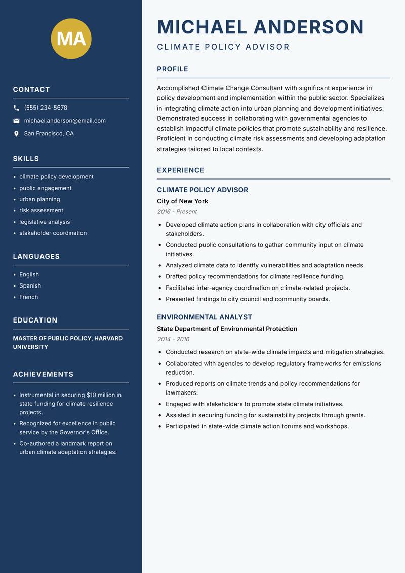 Climate Change Consultant Resume Preview Example