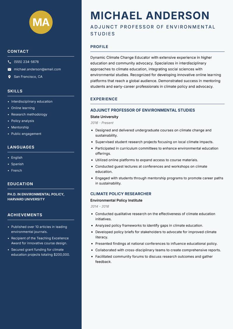 Climate Change Educator Resume Preview Example