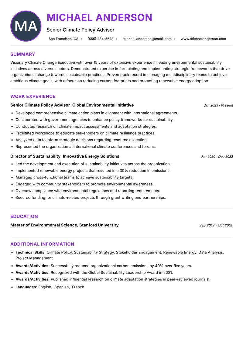 Climate Change Executive Resume Preview Example