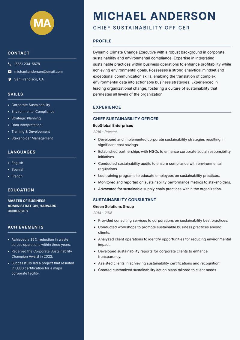 Climate Change Executive Resume Preview Example