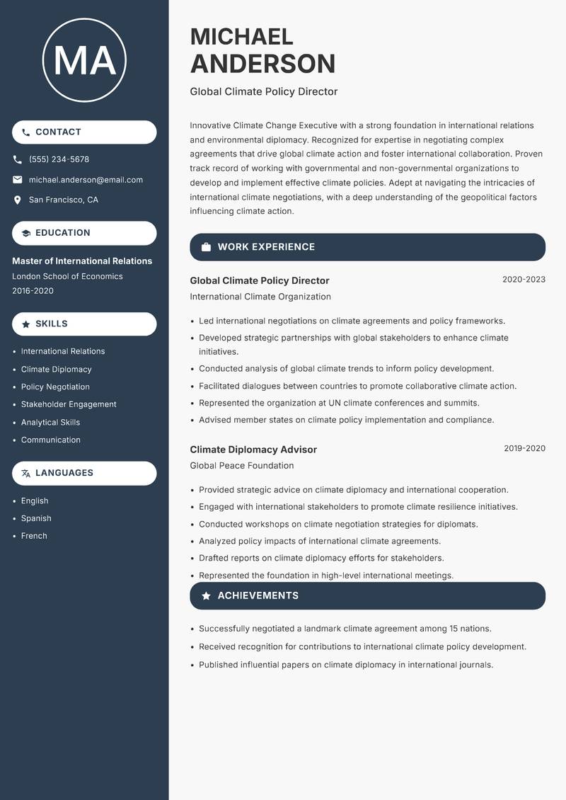 Climate Change Executive Resume Preview Example
