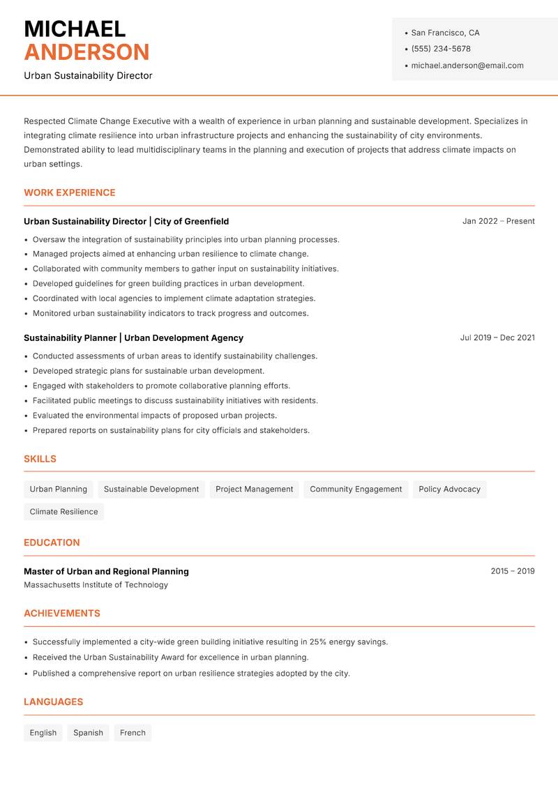 Climate Change Executive Resume Template