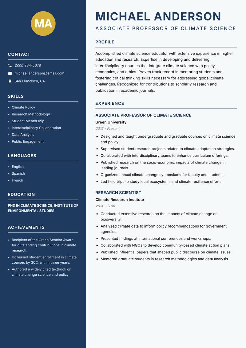 Climate Change Instructor Resume Preview Example