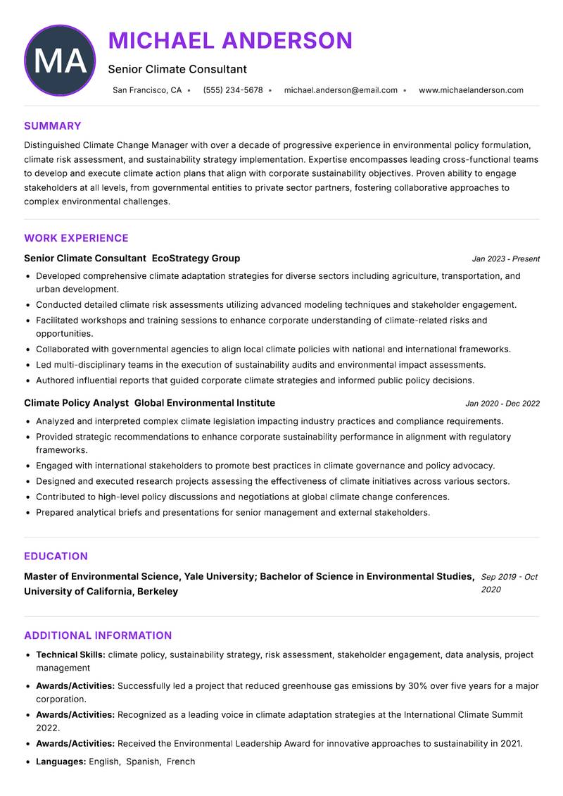 Climate Change Manager Resume Preview Example