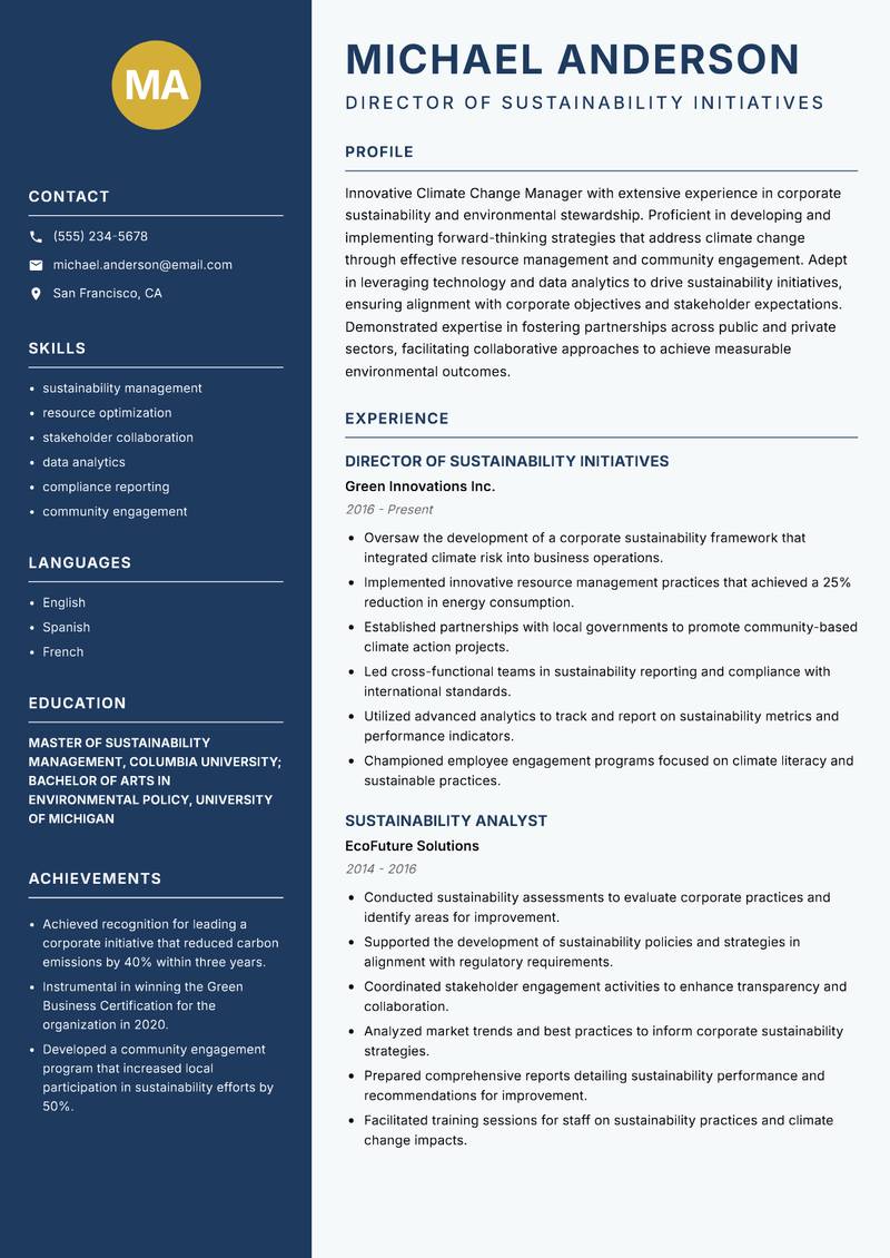 Climate Change Manager Resume Preview Example