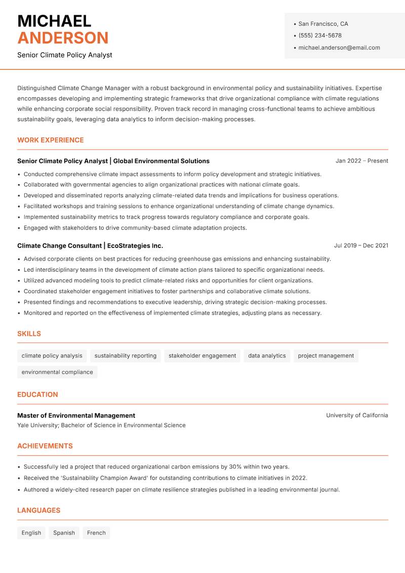 Climate Change Manager Resume Template