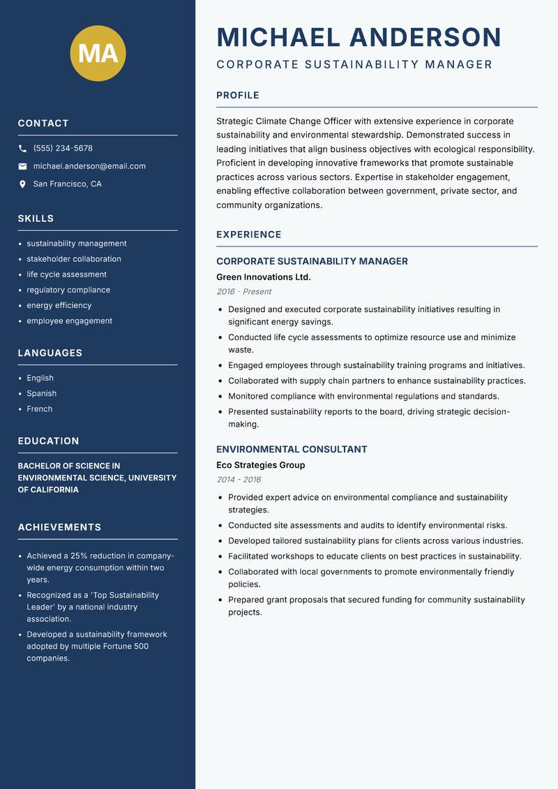 Climate Change Officer Resume Preview Example