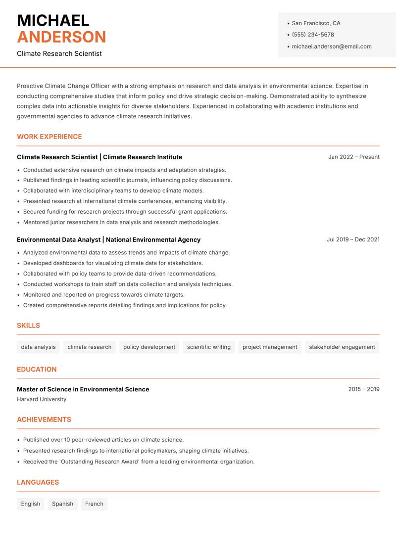 Climate Change Officer Resume Template