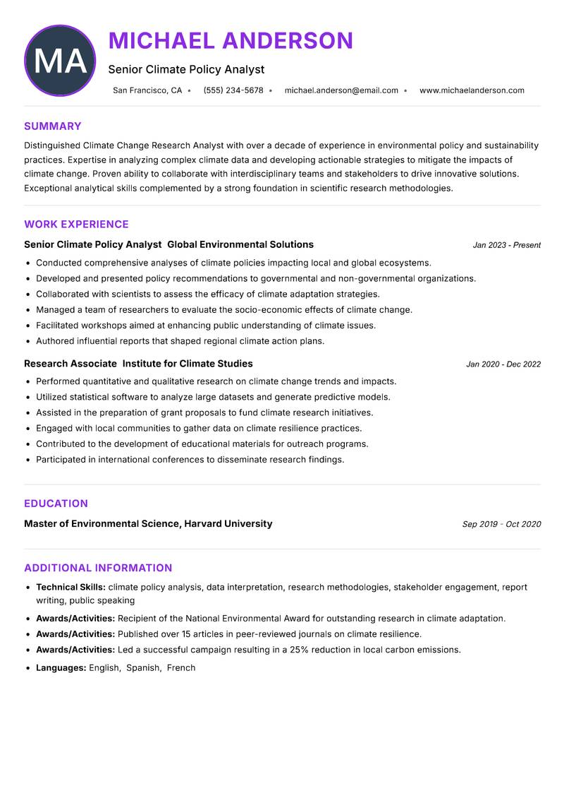 Climate Change Research Analyst Resume Preview Example