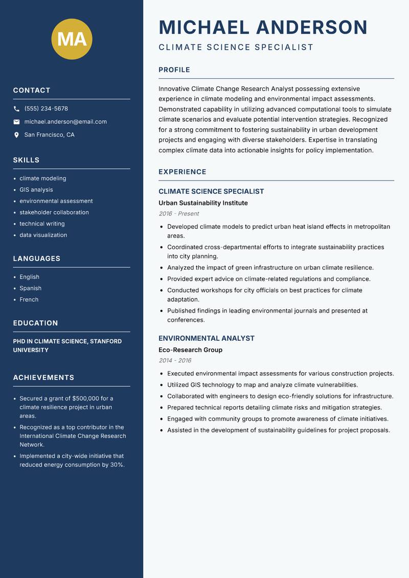 Climate Change Research Analyst Resume Preview Example