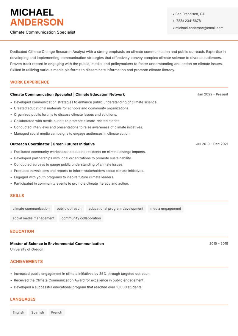 Climate Change Research Analyst Resume Template