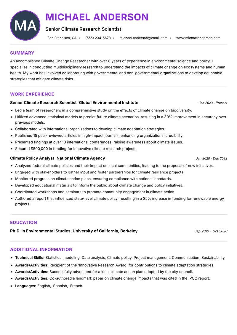 Climate Change Researcher Resume Preview Example