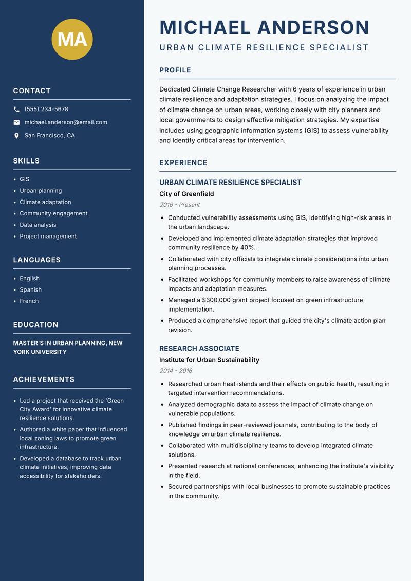 Climate Change Researcher Resume Preview Example
